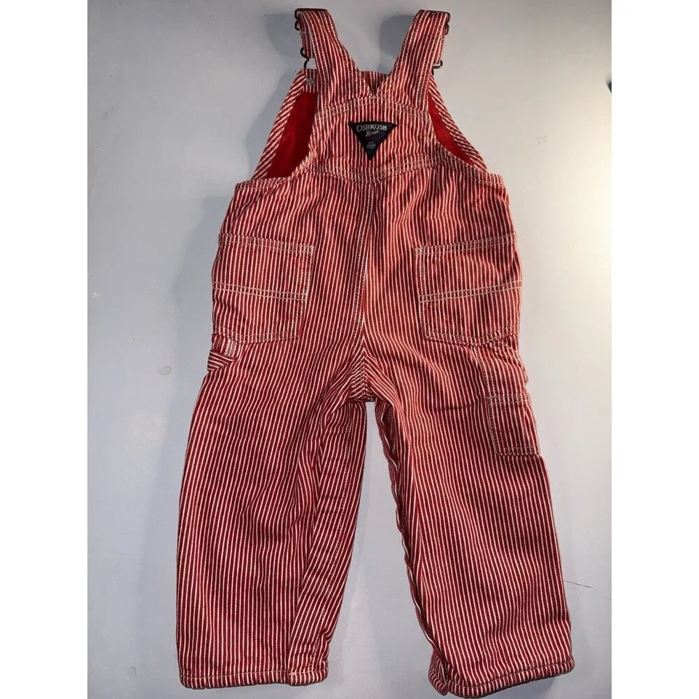 OshKosh B'gosh Red Hickory Stripe Bib Overalls 24M Fleece Lined Vestbak